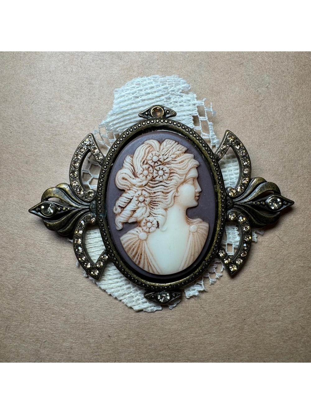 Sweet Romance USA Vintage Cameo Brooch with Rhinestone Accents and Lace Backing
